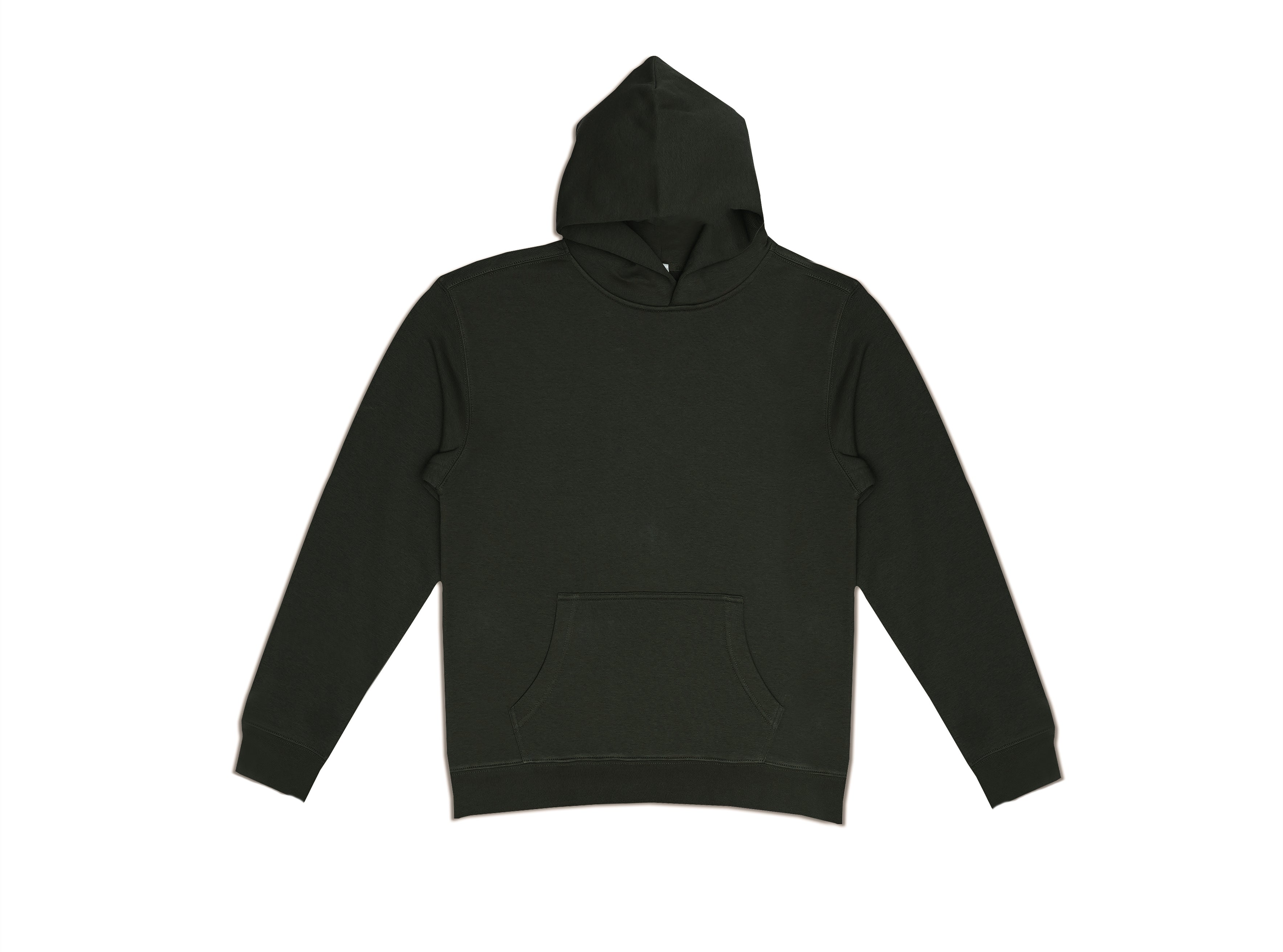 Olive green mid weight hoodie on a white background
