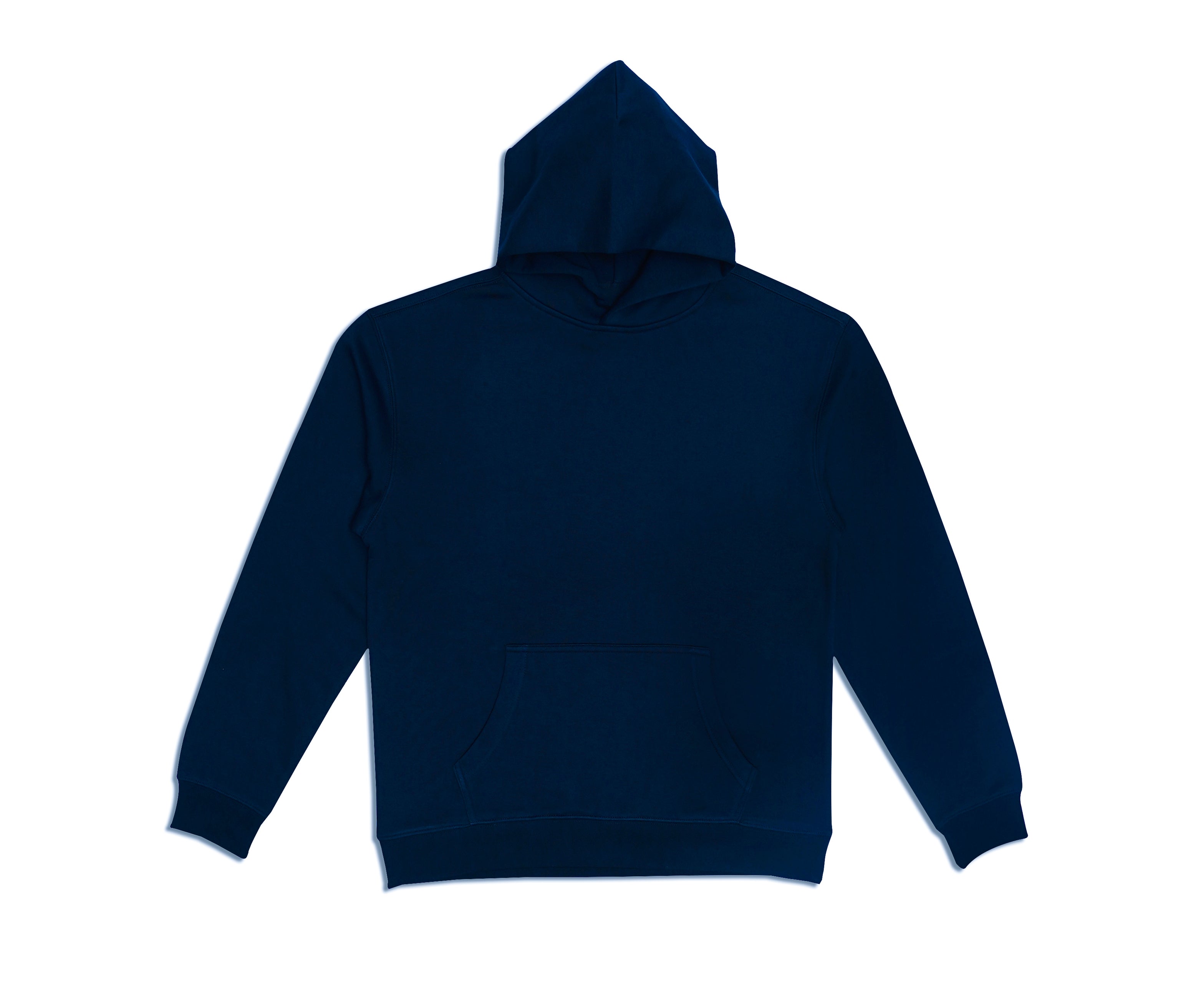 Navy blue mid weight hoodie on a white background
