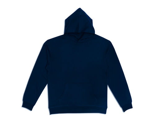 Navy blue mid weight hoodie on a white background
