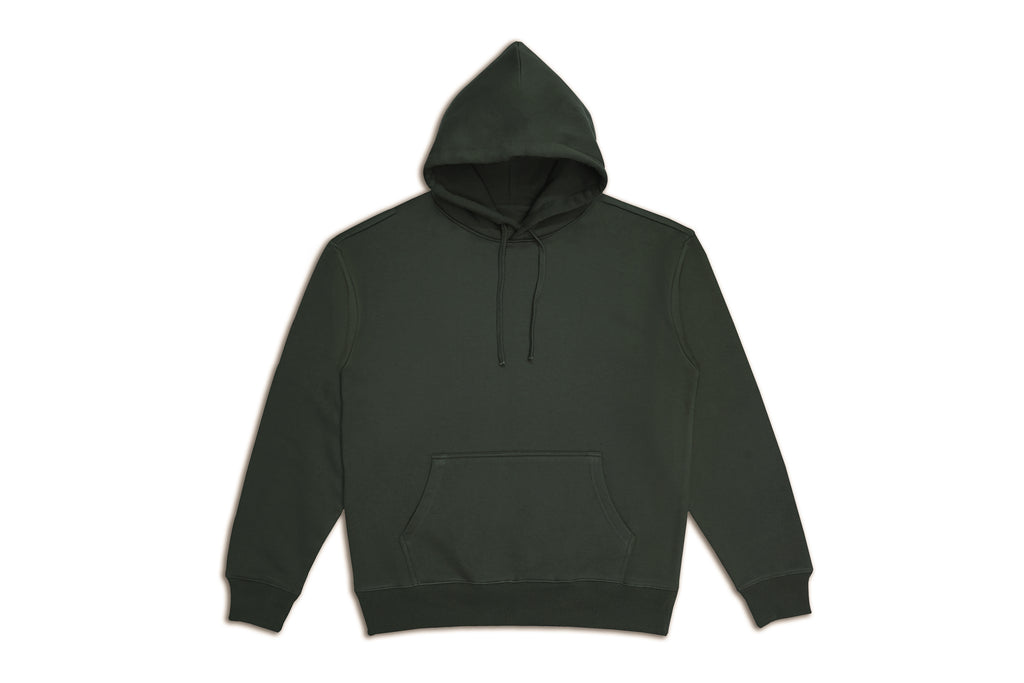 Olive green heavy weight hoodie on a white background