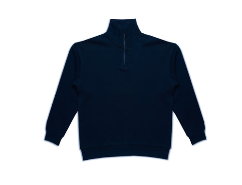 Navy blue half-zip sweatshirt on a white background