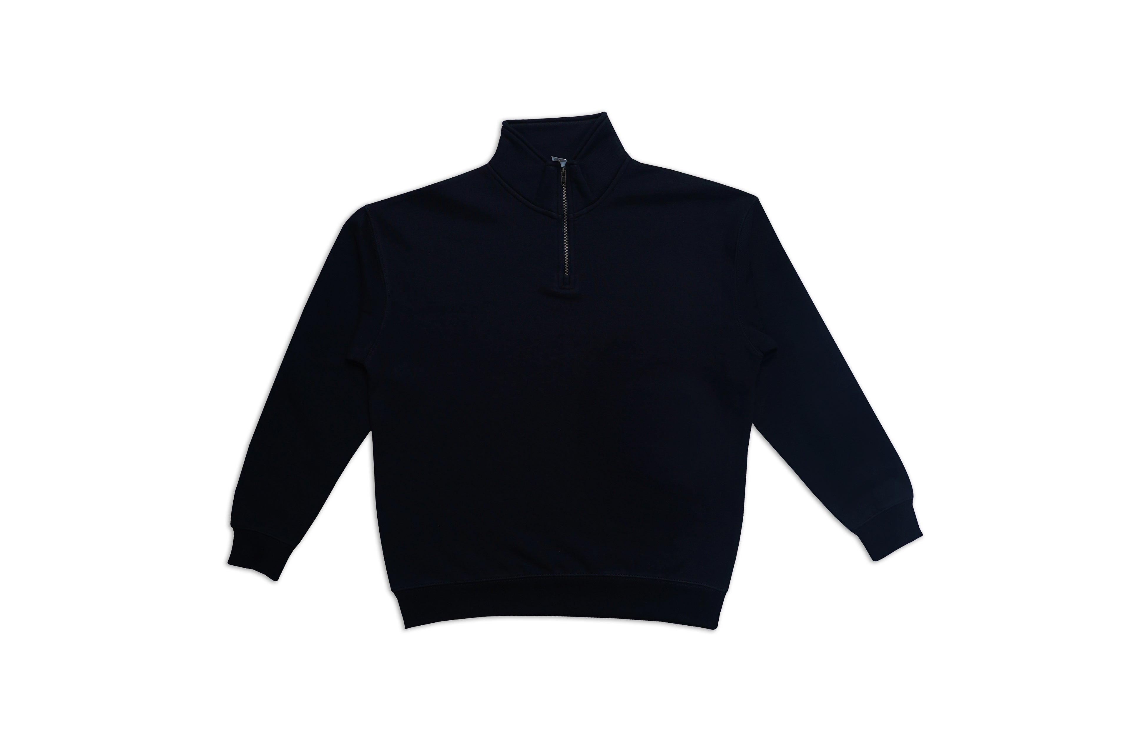 Black quarter-zip sweater on a white background