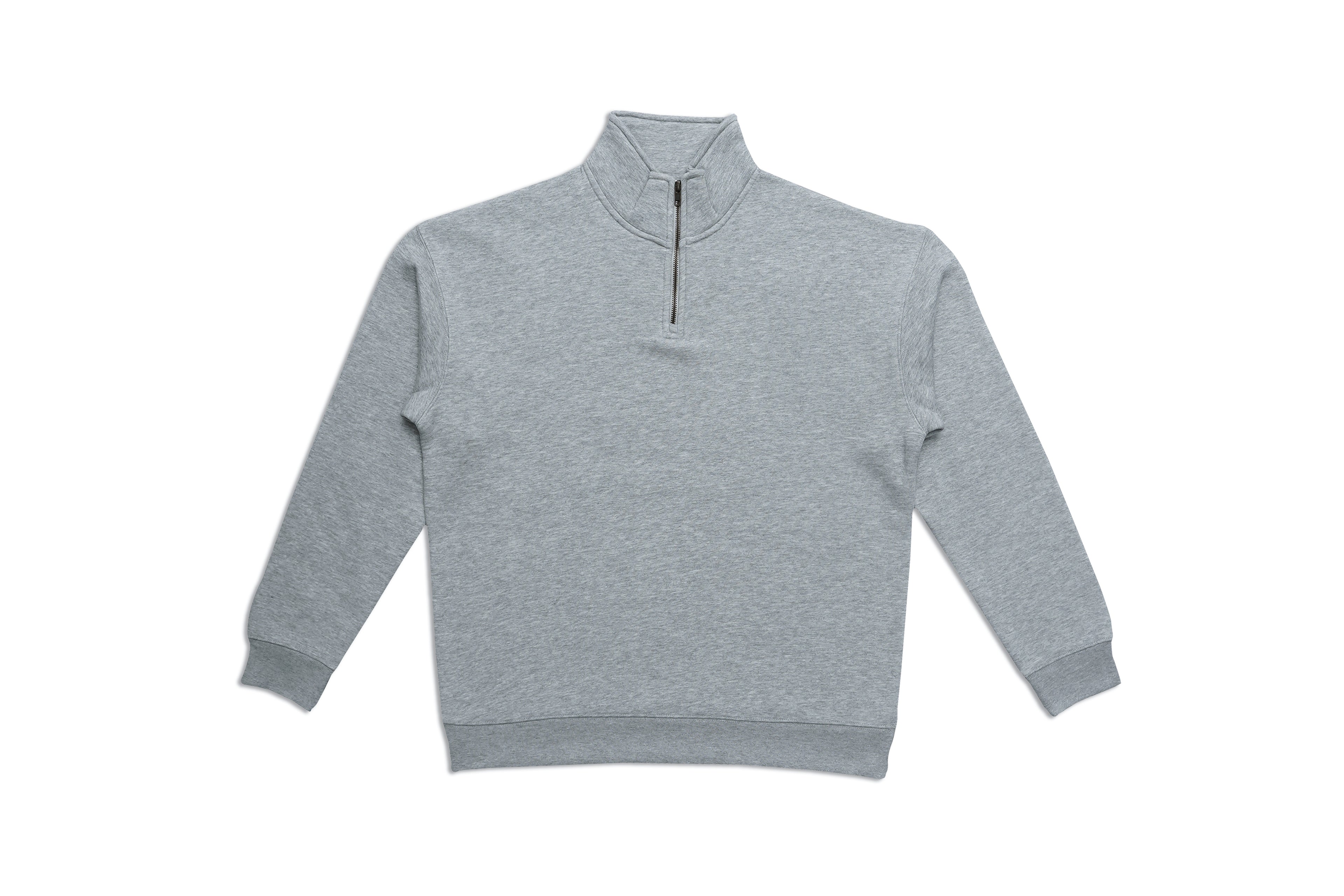 Gray quarter-zip sweatshirt on a white background