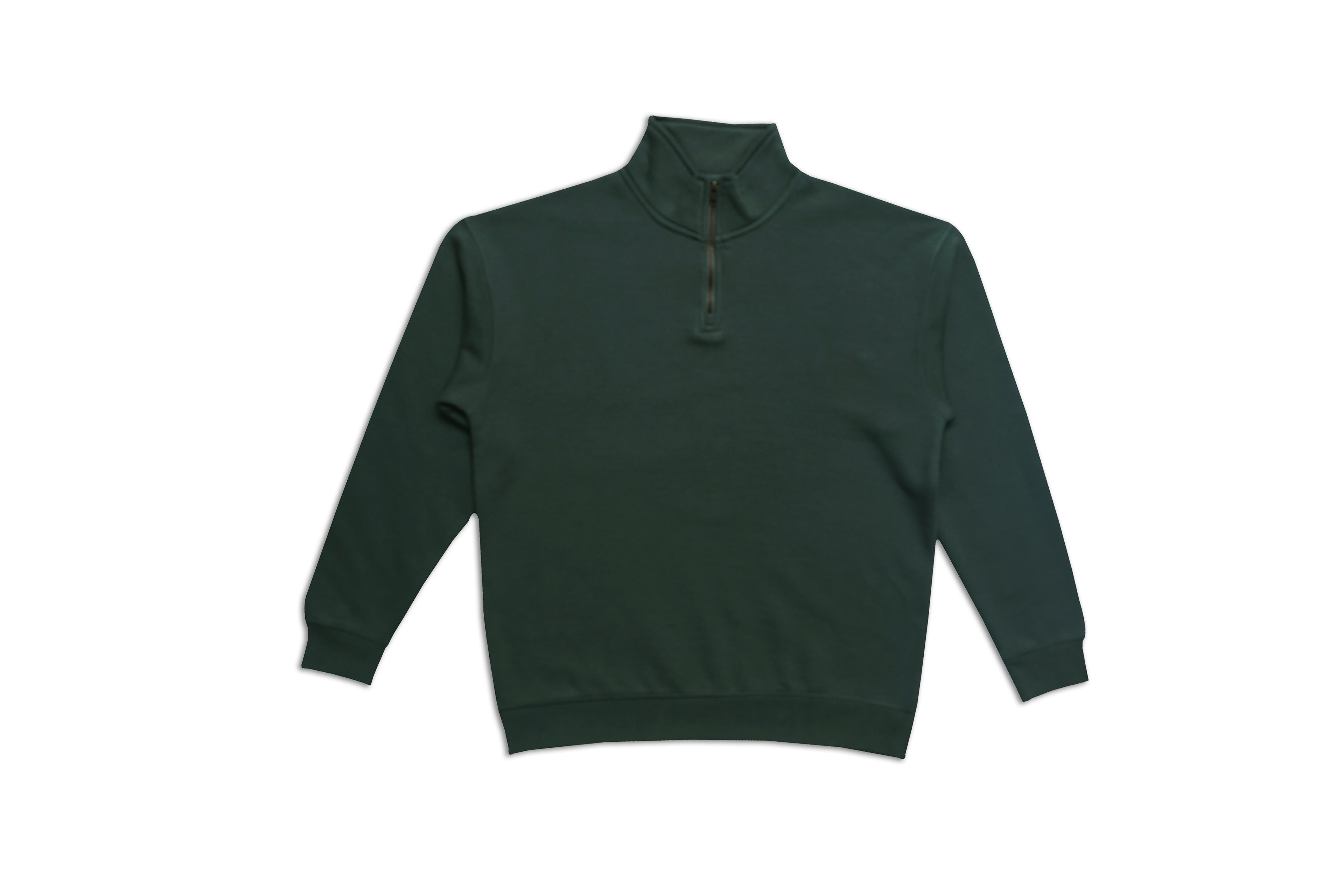 Olive green half-zip sweatshirt on a white background